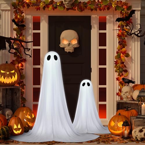 2 Pack Halloween Ghosts Outdoor Spooky Ghost Decorations Outside 36 & 18 Tall White Light Timer Function Standing Scary Light Up Ghost Kit for Porch Courtyard Party Haunted Houses (White)