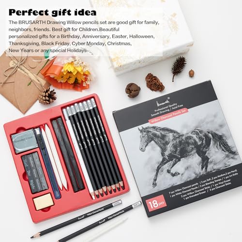 Brusarth Charcoal Pencils for Drawing, 18 Pcs Art Pencil Kit, Professional Sketching Pencil, Art Supplies for Drawing, Shading, Sketching, Blending, Artist Pencils for Beginners & Artists