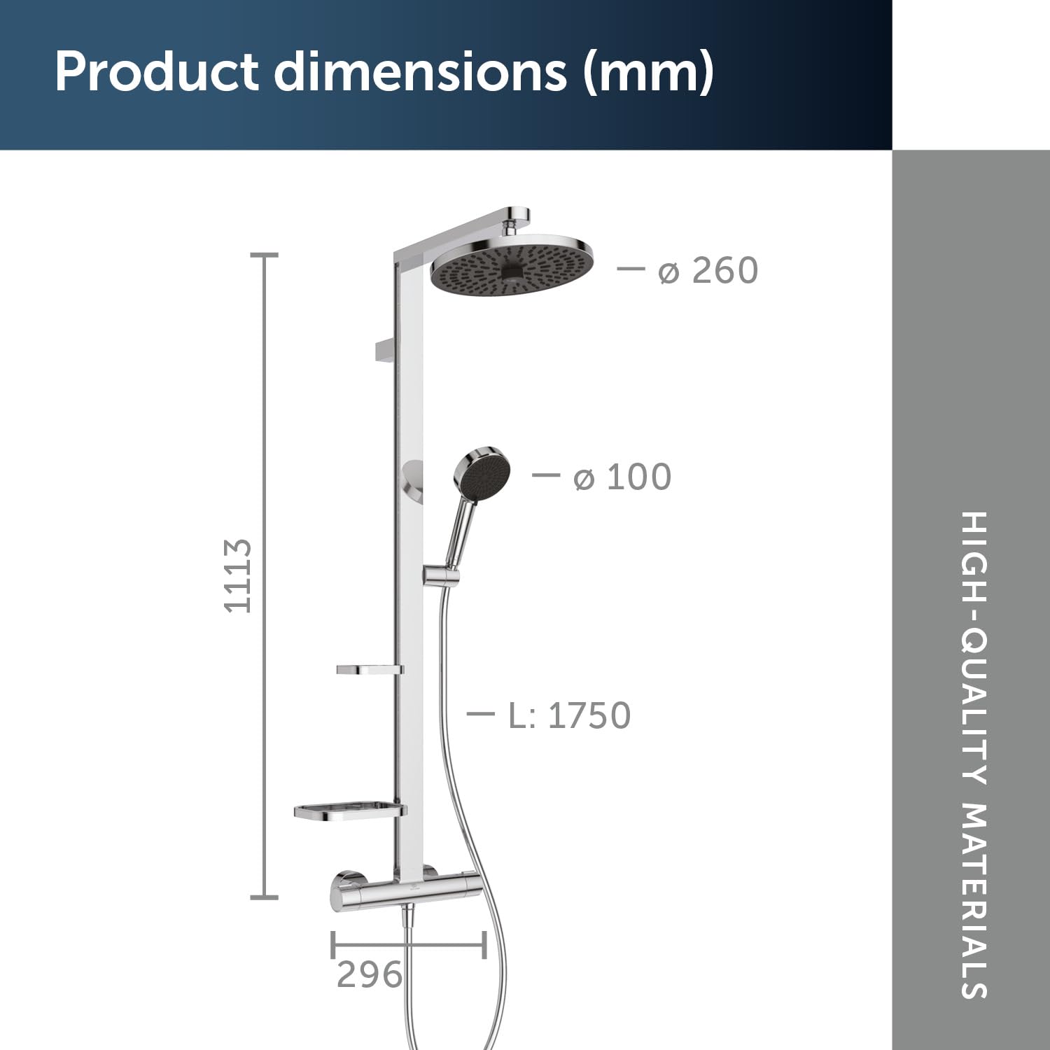 Ideal Standard Ceratherm Alu+ kolumna prysznicowa, wykonana w 100% z aluminium pochodzącego z recyklingu, prysznic oszczędzający wodę ze zmiennymi dyszami i ochroną przed oparzeniami - chrom (356 x