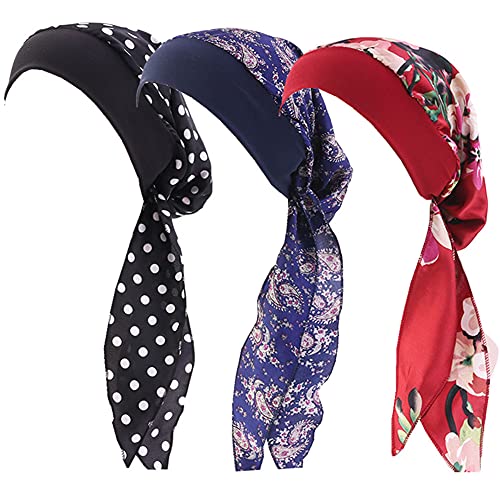 CCCHO Turbante de Seda para Mujer, Estilo Vintage, elástico, Banda Ancha, multifunción, para la pérdida de Cabello, tamaño A2, Negro con Lunares + Azul Marino + Rojo Vino, Grande