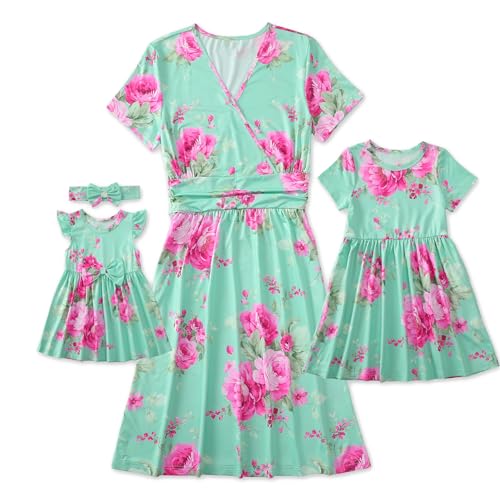 Image of Mommy and Me Floral Dresses Mother Daughter Matching Short Sleeve Tshirt Midi Dress Crew Neck Outfits with Pockets