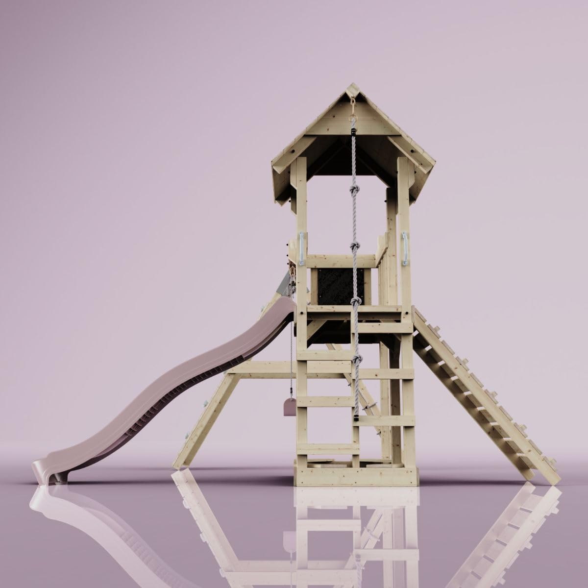 ReboOutdoor Spielturm mit Wellenrutsche, Klettergerüst mit Kletterturm, Kletterwand und Klettwernetz,Altrosa