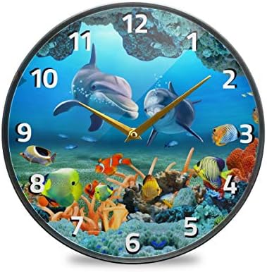 ALAZA Dolphin Fish Underwater Animal Wall Clock Battery Operated Silent Non Ticking Clocks for Living Room Decor 12 Inch / 9.5 Inch
