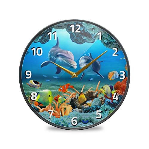 Alaza Dolphin Fish Underwater Animal Wall Clock Battery Operated Silent Non Ticking Clocks For Living Room Decor 12 Inch / 9.5 Inch #TOP24