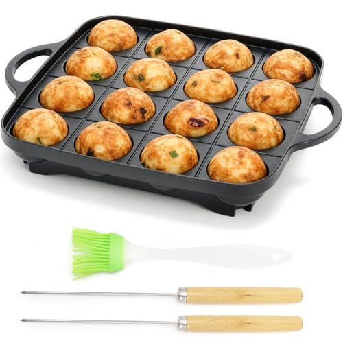 WUWEOT Takoyaki Pan Set 1.6 Half Sphere Maker Skillet Aluminum Alloy Aebleskiver Grill with 2 Wooden Picks & Silicone Brush for Mini Appam Octopus Ball Danish Pancakes Aebleskiver (16 Holes)