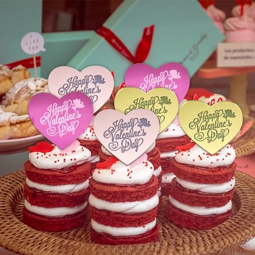 40Pcs Happy Valentine's Day Cupcake Topper Acrylic Cake Disc Mirror Heart Cake Topper Engraved Valentines Cake Topper Heart Picks Cupcake Decorations for Wedding Valentine's Day Gifts Party