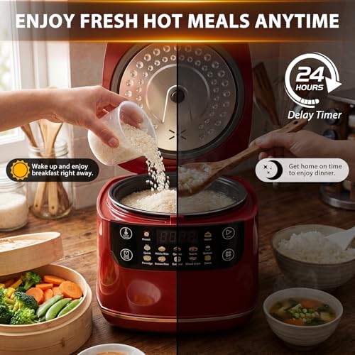 Image of Portable Digital Rice Cooker, 6-Cup (Uncooked) /12-Cup (Cooked) Small Rice Maker with Steaming Basket, Mini Rice Cooker with 2L Removable Nonstick Inner Pot, 10 Menu Options, Auto Keep Warm, 24 Hour Delay Timer (Dark Red)