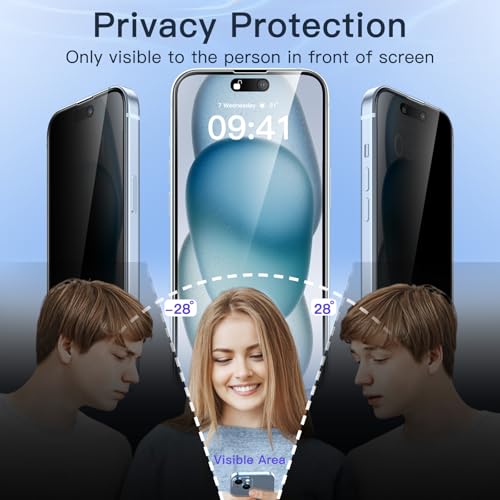 Image of JETech Privacy Full Coverage Screen Protector for iPhone 15 Plus 6.7-Inch, Black Edge Anti-Spy Tempered Glass Film with Easy Installation Tool, Case-Friendly, 2-Pack