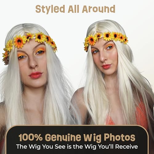 Image of ALLAURA Flower Headband Costume Hippy Wigs for Women 70s Costume + Removable Flower Headband Wig Long Blonde Wig Hippie Women