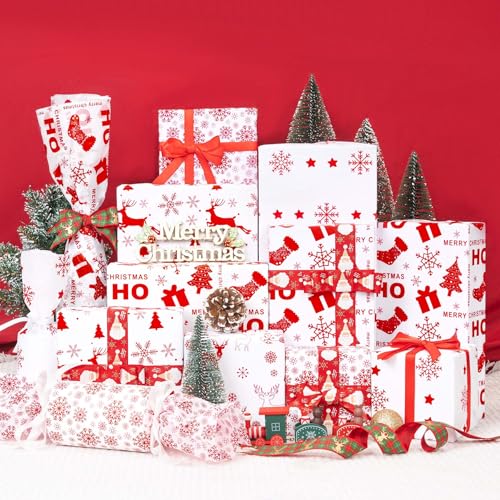 Image of Larcenciel Christmas Tissue Paper for Gift Bags, 50Pcs Classic Red White Xmas Gift Wrapping Tissue Paper, Snowflake Deer Art Packing Supplies for Holiday, New Year, Crafts Project, Party Decor,20x14In