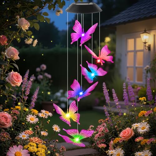 Solar Butterfly Wind Chimes Garden for Women Gifts, Birthday Mothers Day for Women Mum Grandma, Solar Wind Chime Lights Outdoor Decoration for Garden, Yard, Porch, Window Sill