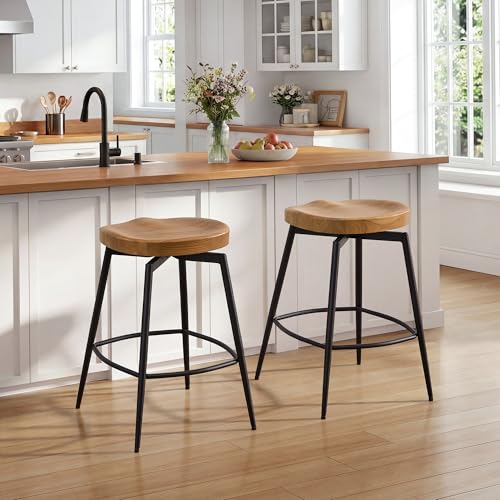 Image of 25 inch Swivel Backless Saddle Bar Stools Set of 2, Walnut | Solid Wood Saddle Seat with Metal Legs, Footrests and Non-Marking Feet for Kitchen Island