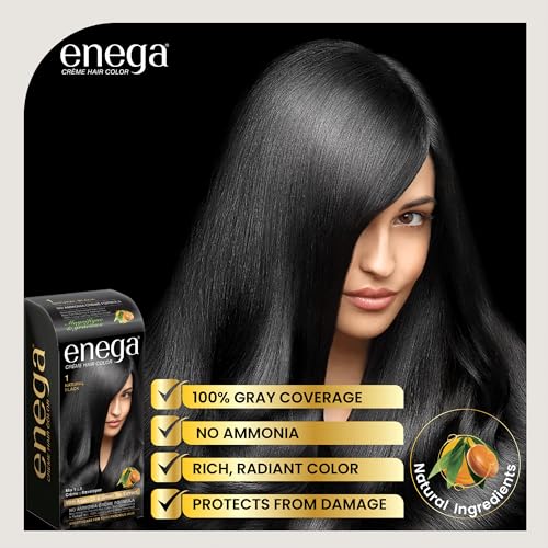 Image of Enega No Ammonia Grey Coverage Long Lasting Creme Hair Color with Argan Oil & Green Tea Extract - Pack of 1(150 ML) (Natural Black)