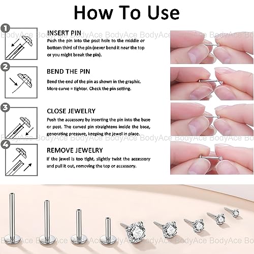 BodyAce Threadless Spike Flact Back Earrings Cartilage Lip Rings, 16G Stainless Steel Daith Helix Tragus Studs, Push in Rook Lobe Lip Piercing for Women Men3