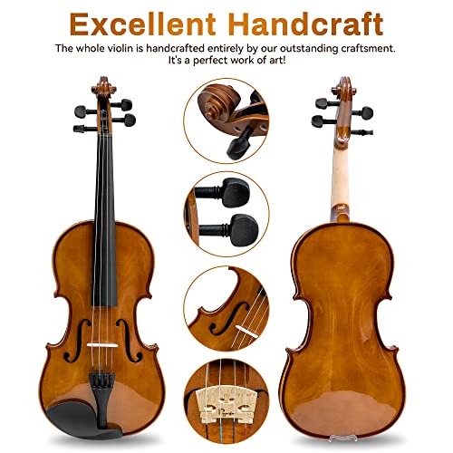 Image of Poseidon Violin for Beginners Adult Fiddle Set, Acoustic Violin Solid Wood Violin 4 /4 with Case, Two 4 /4 Strings, Two Bows, Two Bridges, Two Rosins, Clip-on Tuner, Shoulder Rest Manual - Glossy German