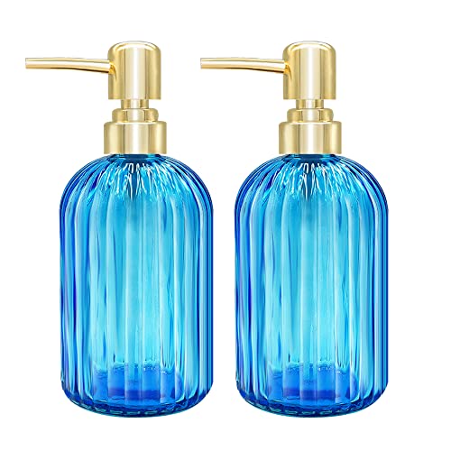 Lot de 2 distributeurs de Savon de Cuisine en Verre avec Pompe, Distributeur de Savon Transparent pour Les Mains, Liquide Vaisselle sous Lotion (Bleu)