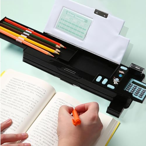 Image of Pop Up Multifunction Pencil Case, Cute Cartoon Pen Box Organizer Stationery with Calculators, Sharpener, Schedule, School Supplies, Best Birthday Gifts for Kids Teens (Black)