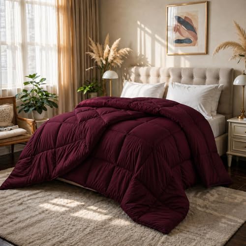 Image of Luxury Hotel Collection Cotton Comforter | All-Season Lightweight Quilt for Hot Sleepers | Plush, Breathable & Box-Stitched (Queen) Burgundy,