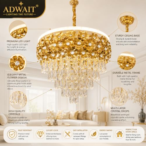 Image of TRIXY Flower Design Chandelier Lights For Ceiling Living Room | Hanging Golden Pendant Light 600MM Jhumar Lamp | K9 Crystals | 3 LED Color Changing (Warm White, Natural, Cool) | New Home & Decor Light