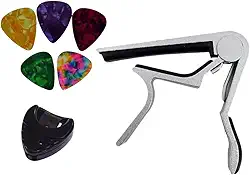 Capotraste Pestana Braçadeira Violão Guitarra Ukulele + Porta Palhetas + 5 Palhetas (Prata)