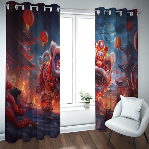 HOBBOY Chinese Style Curtain New Year Holiday Decoration Window Treatment for Bedroom Living Room Lion Dance Pattern Blackout Curtains 2 Panels 2X W38xL63in