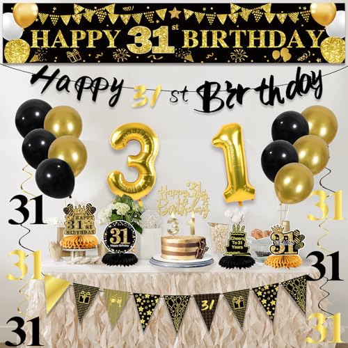 Image of 31st Birthday Decorations for Men, Black Gold 31st Party Decorations | 27pcs Happy 31st Birthdays Set: Banner, Honeycomb, Balloons, Gold Number, Candle, Hanging Swirls, Cake Topper, Party Supplies