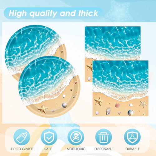 Image of Beach Birthday Party Decorations,41Pcs Disposable Ocean Waves Beach Dessert Plates Napkins Tablecloth Tableware Set Summer Pool Hawaiian Beach Party Supplies for Kids Baby Shower Birthday