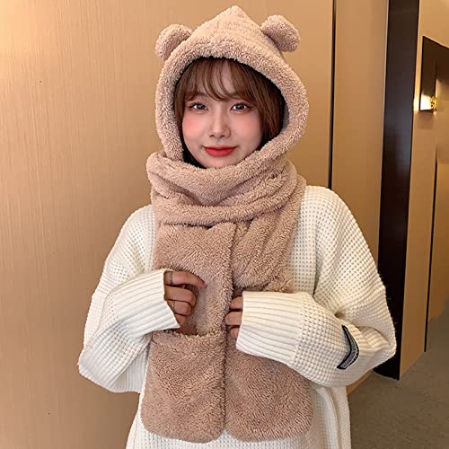 3-in-1 Multi-Functional Animal Hat Women Winter Cute Cartoon Bear Ear Hat Warm Hoodie Hat with Scarf Pocket Gloves2