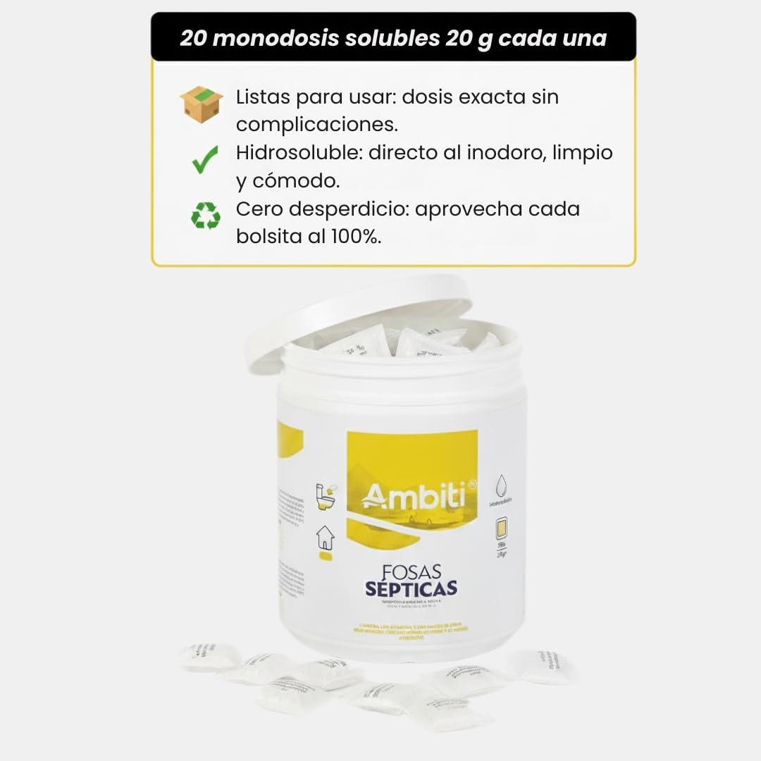 Ambiti Fosas Sépticas | Activador Enzimático Biológico en Monodosis | 20 Bolsitas Solubles de 20 g | Limpieza y Mantenimiento de Fosas y Desagües | Elimina Malos Olores y Evita Atascos