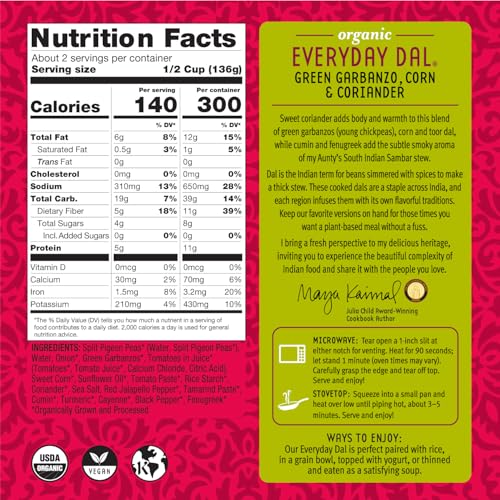 Image of Maya Kaimal Organic Indian Everyday Dal Green Garbanzo Corn and Coriander, Plant Based, Non GMO, Certified Kosher, Vegan, 10 Ounce (Pack of 6)