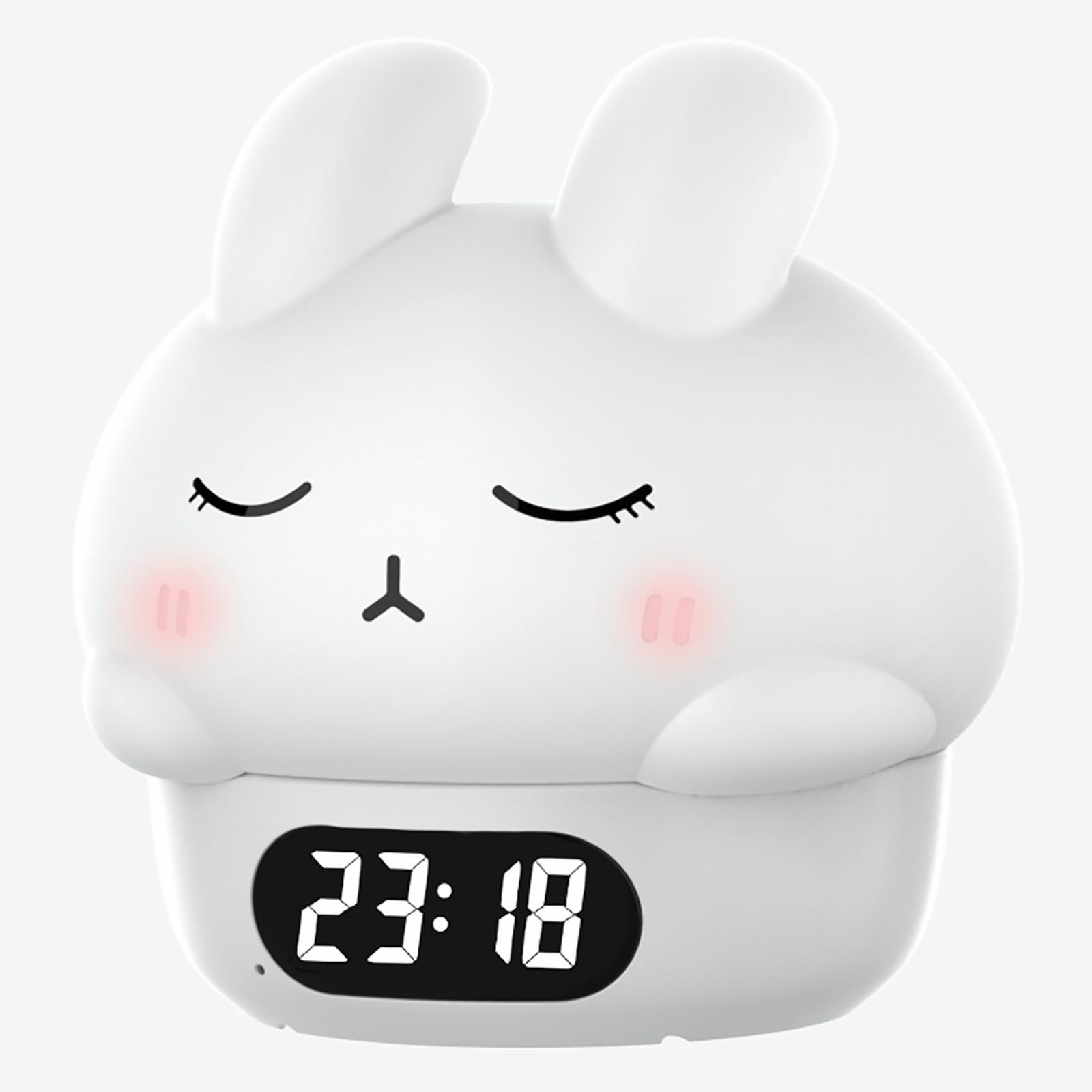 Cute Bunny - Luz nocturna recargable RGB, pantalla de silicona suave, reloj LED de brillo ajustable, fecha, alarma, termómetro, temporizador, control de grifo, lámpara de dormitorio, regalo para niñas