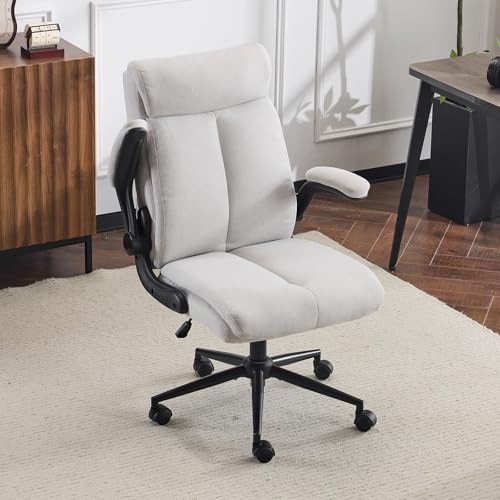 Bonnlo Silla de Escritorio con Reposabrazos Plegable, Silla de Oficina ergonómica, Silla giratoria, Regulable en Altura y Función de Inclinación, Oficina en Casa (Lino, Gris Claro)