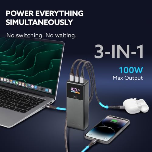 Image of AGARO Impulse Power Bank 20000 mAh 100W 3-in-1 Power Bank with 100W PD & 33W QC Output, Fast Charge up to 3 Devices simultaneously, Compatible with Laptop, Mobile, Tablet, iPad, Smartwatch, Earbuds