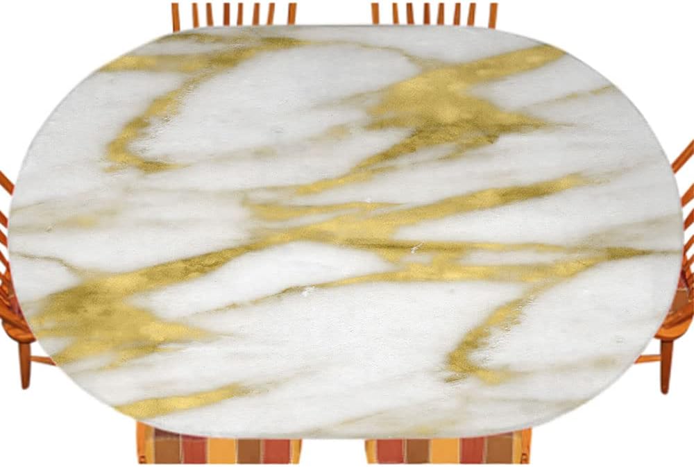 Marble Oval Elastic Fitted Tablecloth, for Kitchen Dinning Tabletop Decoration Outdoor Picnic, Fits 48" x 60" Table