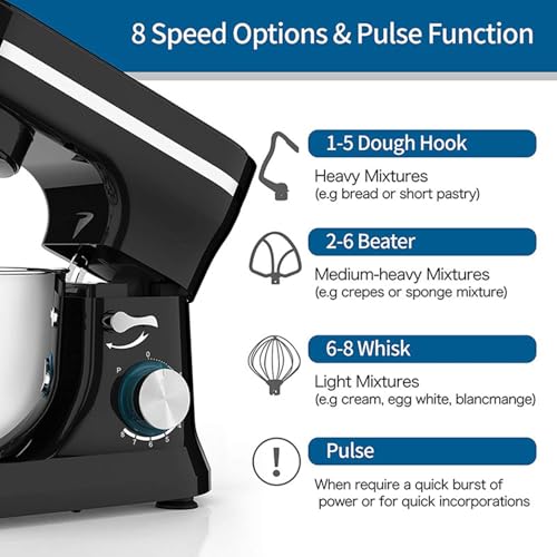 KHZKHC Food Mixer, Household Stand Mixer, Electric Dough Maker, 1000W Powerful Motor, 8 Gear Speed Adjustable,With 5Qt Stainless Steel Bowl, Dough Hook, Beater, for Restaurant, Kitchen - Image 2
