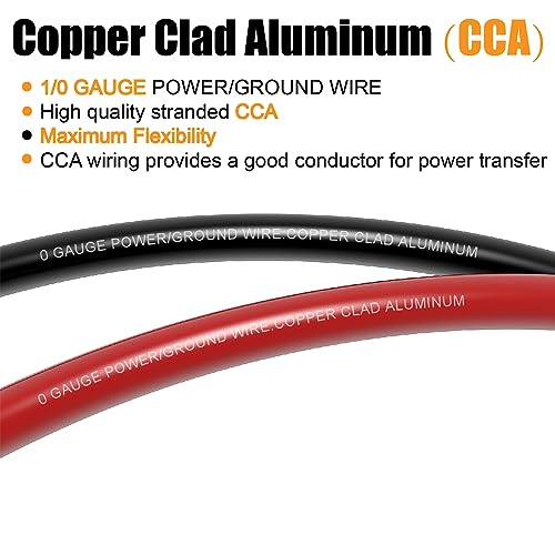 Image of AWG 1 /0 Battery Cable,0 Gauge Wire (20 Feet Black+20 Feet Red) Copper Clad Aluminum CCA Primary Automotive Power Ground Wire,Lugs Terminal Connectors,Heat Shrink Tubing for Car Audio Golf Cart