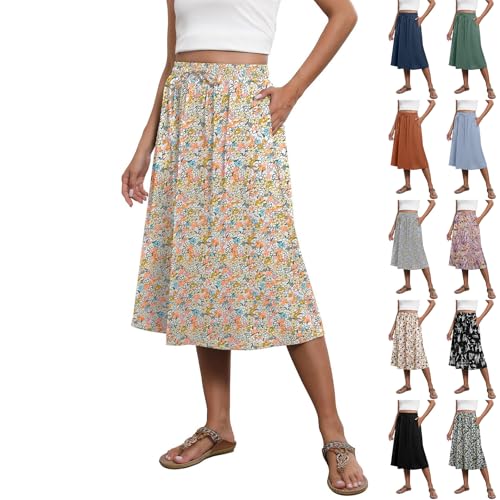 Generic Boho Midi Skirts for Women Trendy Summer Elastic High Waisted Flowy Skirts A Line Knee Length Skirts