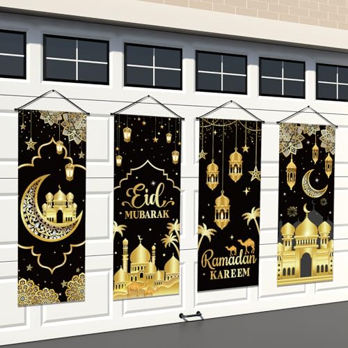 Image of Panelee 4 Pcs Ramadan Mubarak Porch Sign Banners Black Gold Eid Mubarak Decorations Muslim Ramadan Kareem Door Banner Backdrop for Home Doorway Indoor Outdoor Wall Hanging Decor