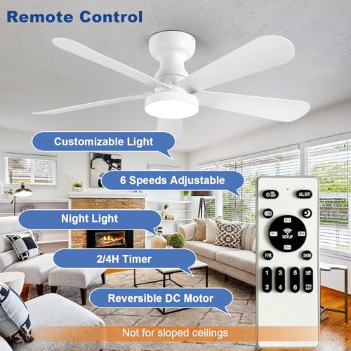 Image of Depuley Small Ceiling Fan with Lights: 42-Inch Flush Mount Fan with Light and Remote - White Low Profile Ceiling Fans Reversible Quiet DC Motor for Bedroom Living Room Indoor Outdoor