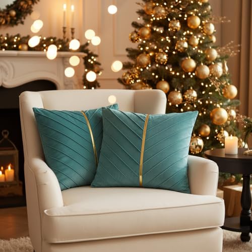 Image of Aqua Velvet Throw Pillow Covers 18x18 inch Pack of 2 Gold Decor