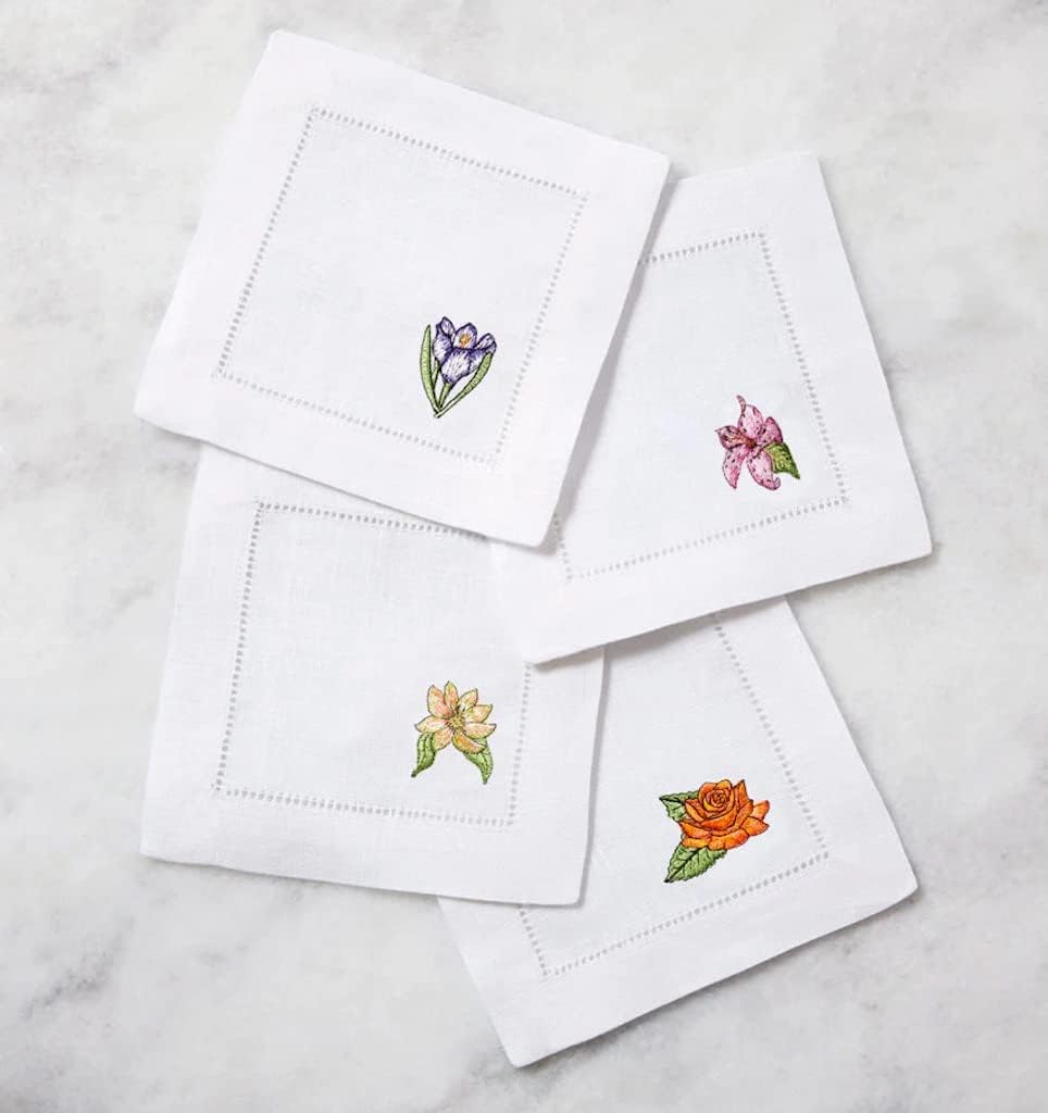 Sferra Fioritura Embroidered Linen Cocktail Napkins (6x6), Set of Four