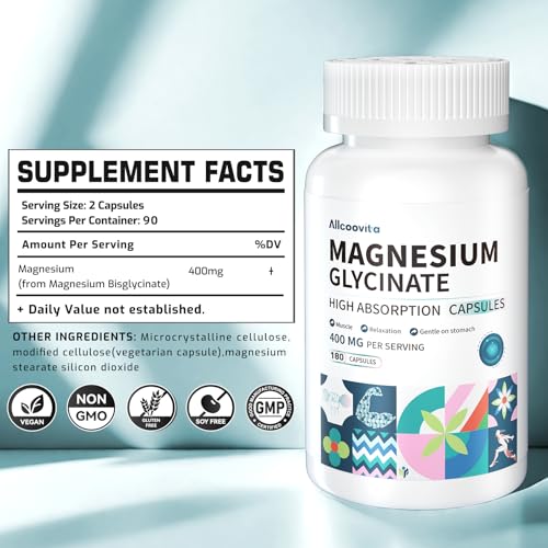 Image of Magnesium Glycinate 400 MG per Serving 100% Chelated for High Absorption, Gentle On Stomach, Non-GMO, 180 Vegetarian Capsules