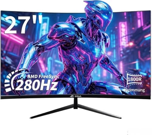 CRUA 27 Inch 280Hz Curved Gaming Monitor, Full HD 1080P 1800R Frameless Computer Monitor, 1ms GTG with FreeSync, Low Motion Blur, Eye Care, VESA, DisplayPort, HDMI, Black