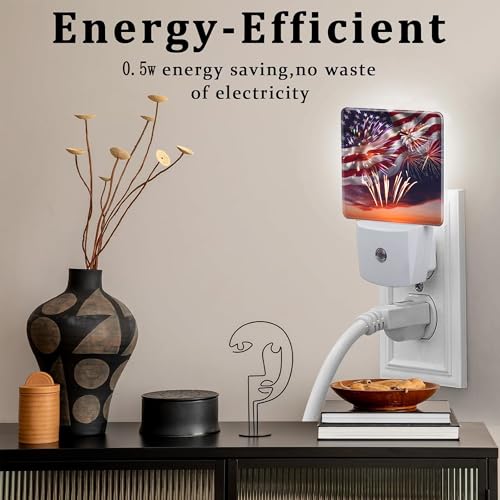 Image of America Flag with Fireworks Night Light Plug into Wall,Retro The USA Flag Patriotic Dusk to Dawn Night Light,0.5w Energy Saving Sleep Friendly Nightlights for Kids Boys Girls Home