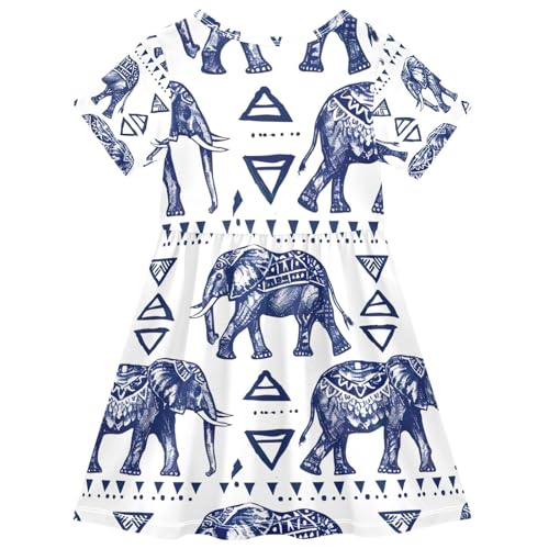 Girls Short Sleeve Dress Toddler Kids Summer Sundress Tribal Elephant Print Playwear Casual Outfits, 2T2