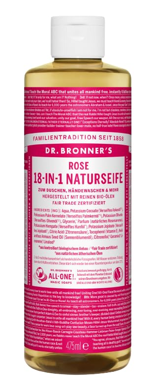 Dr. Bronner's Jabón natural 18 en 1, jabón líquido orgánico, con aroma de rosa natural, gel de ducha, jabón de manos, champú y mucho más, con aceite de coco, oliva y jojoba orgánicos, 475 ml