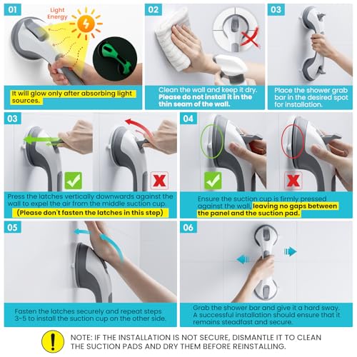 Image of TAILI Shower Grab Bars,Suction Shower Handles,Glow in The Dark,12.2 inch,Grey