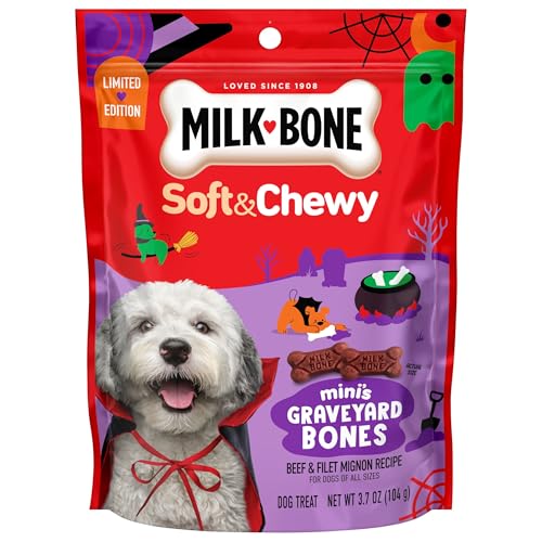 Image of Milk-Bone Soft & Chewy, Mini's Graveyard Bones, 3.7 Oz. Bag | Beef & filet mignon recipe, limited-edition Halloween dog treats, soft dog treats for dogs of all ages and sizes