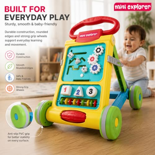 Image of MiniExplorer Baby Activity Walker for 6-15 Months, Foldable Push Walker for Babies, Toddler Learning Walker with Activity Panel, Walker for Boys & Girls, Anti-Slip Wheels & Interactive Toys - Yellow