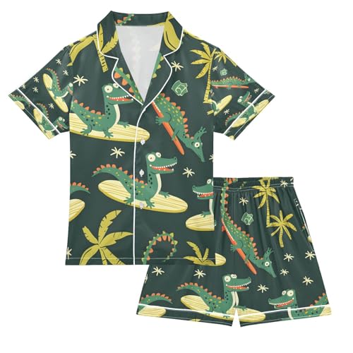 senya Crocodile Surfer Cartoon Satin Summer Pajama Sets Silk Short Sleeve Button Down Sleepwear